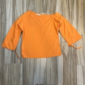 Tibi‎ Top M Drawstring Sleeve Split Hem Tunic Cotton Asymmetrical Boat Neck